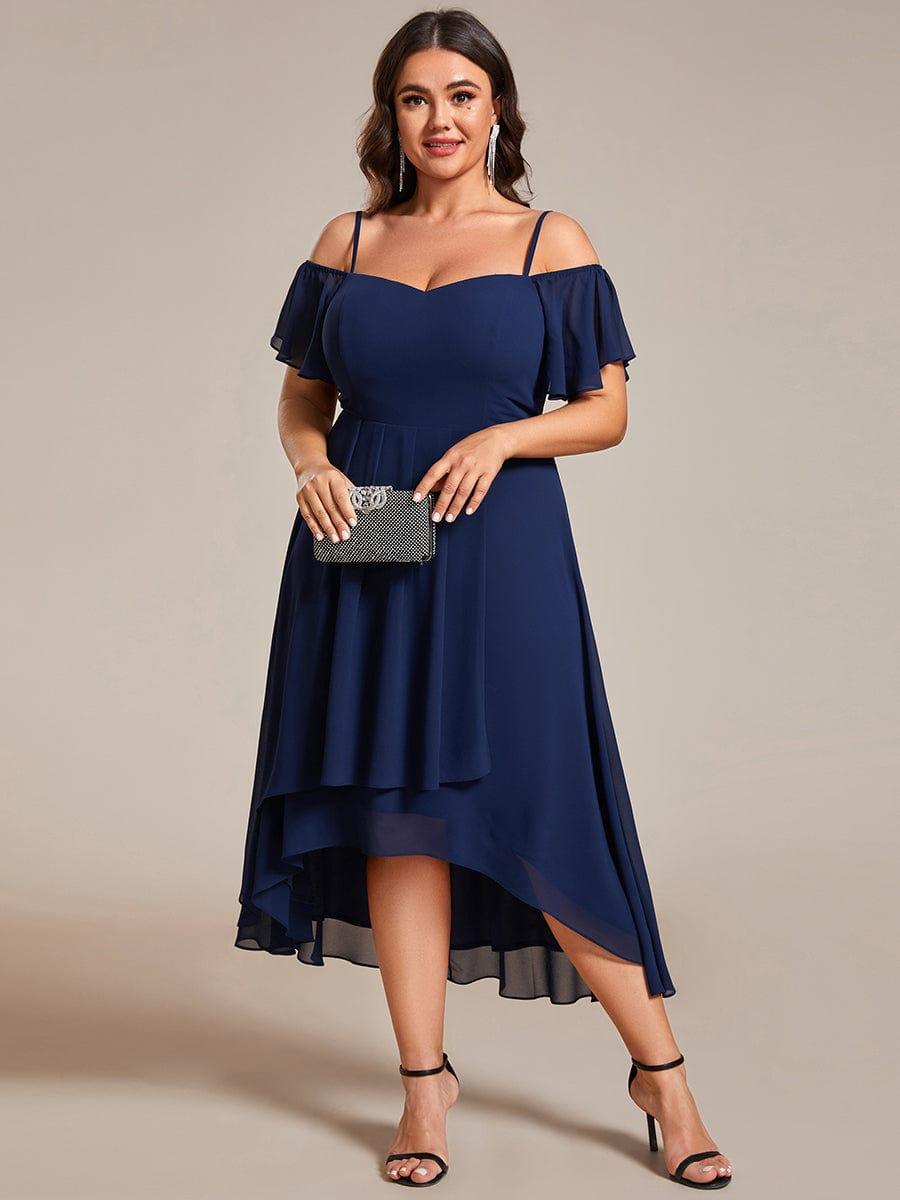 One-Shoulder High-Low Chiffon Bridesmaid Dresses with Short Sleeves #color_Navy Blue