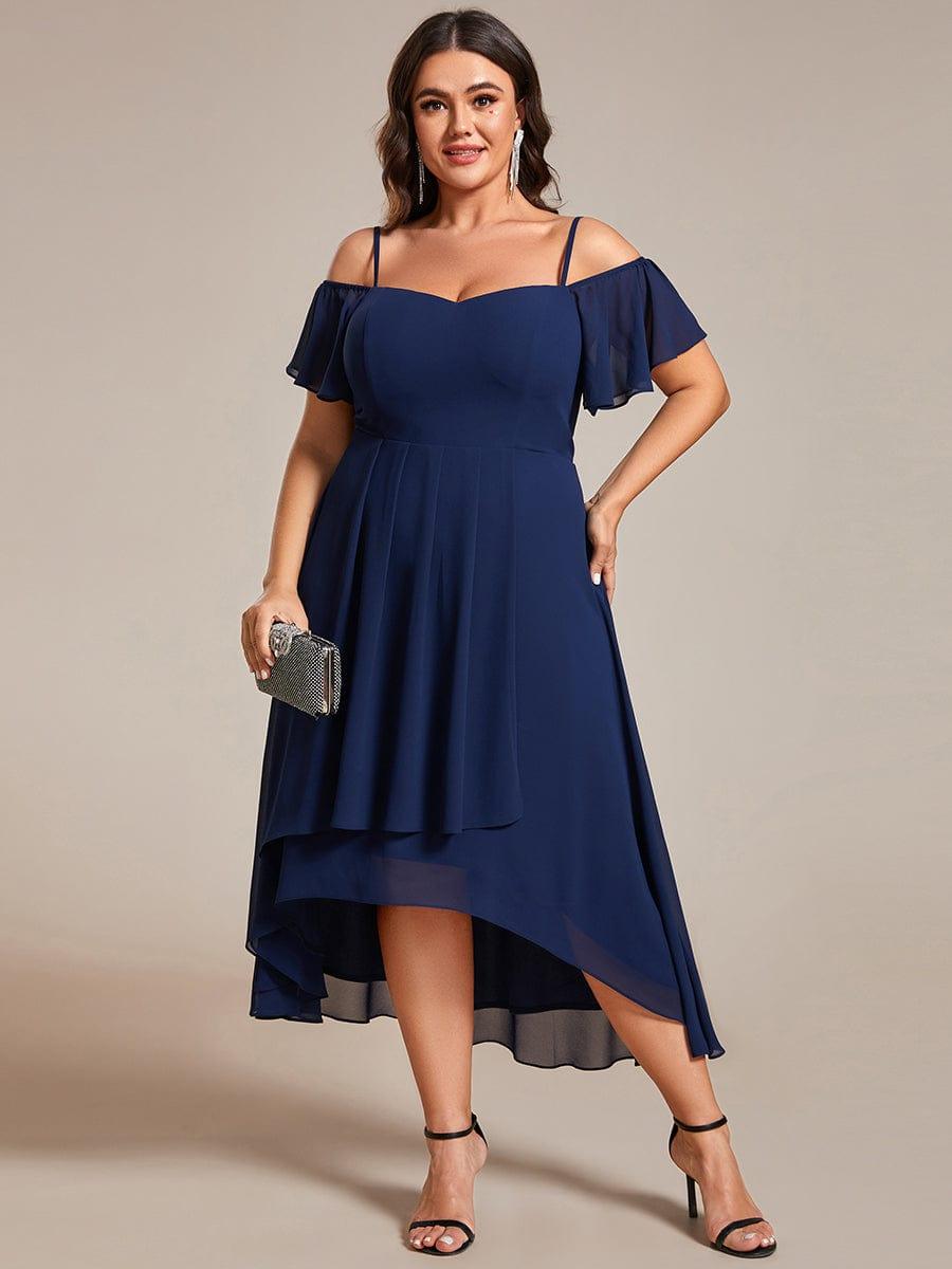 One-Shoulder High-Low Chiffon Bridesmaid Dresses with Short Sleeves #color_Navy Blue