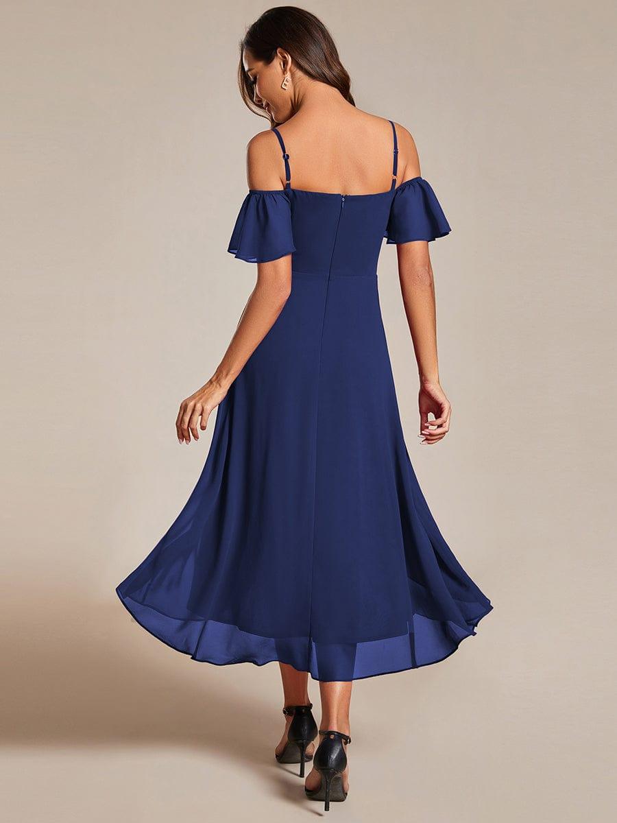 One-Shoulder High-Low Chiffon Bridesmaid Dresses with Short Sleeves #color_Navy Blue