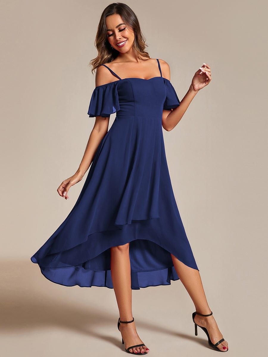 One-Shoulder High-Low Chiffon Bridesmaid Dresses with Short Sleeves #color_Navy Blue
