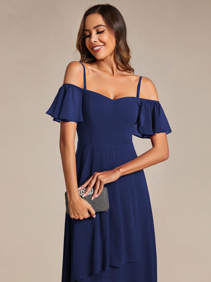 One-Shoulder High-Low Chiffon Bridesmaid Dresses with Short Sleeves #color_Navy Blue