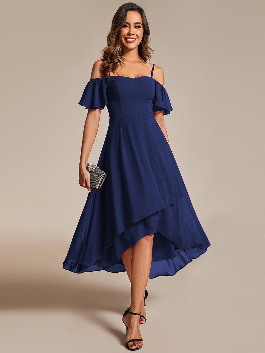 One-Shoulder High-Low Chiffon Bridesmaid Dresses with Short Sleeves #color_Navy Blue