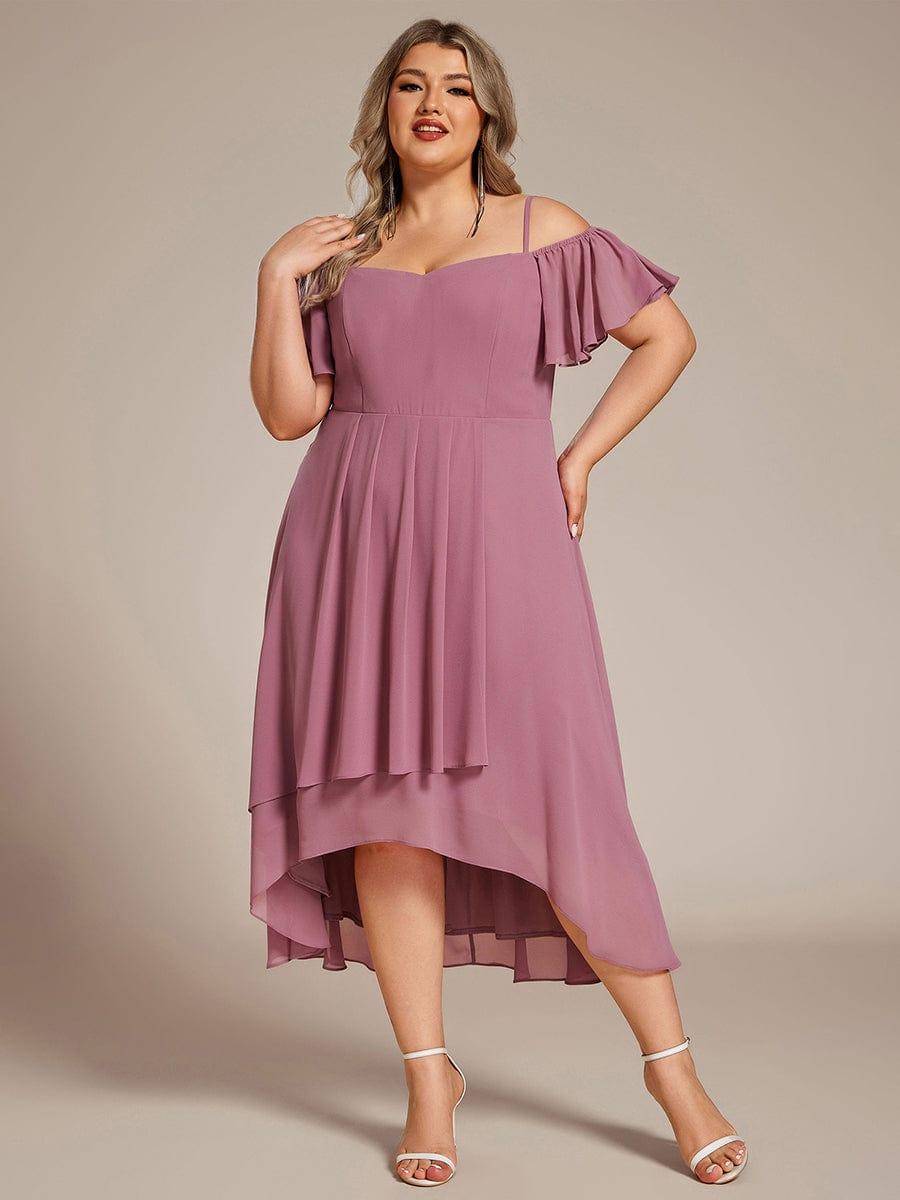One-Shoulder High-Low Chiffon Bridesmaid Dresses with Short Sleeves #color_Purple Orchid