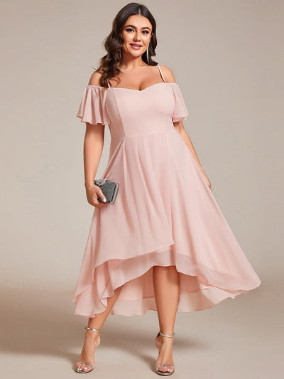Plus Size One-Shoulder High-Low Chiffon Wedding Guest Dresses with Short Sleeves #color_Pink