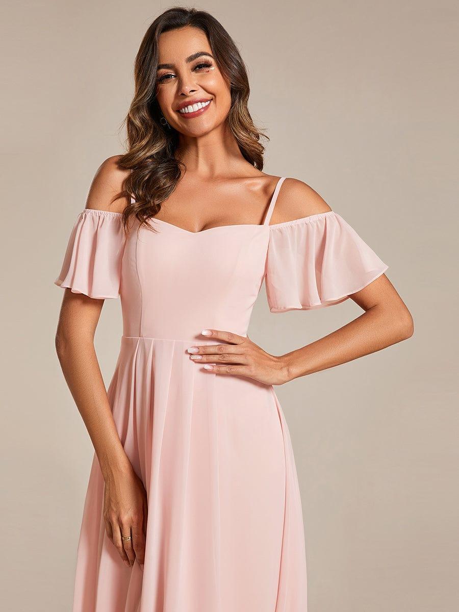 One-Shoulder High-Low Chiffon Bridesmaid Dresses with Short Sleeves #color_Pink
