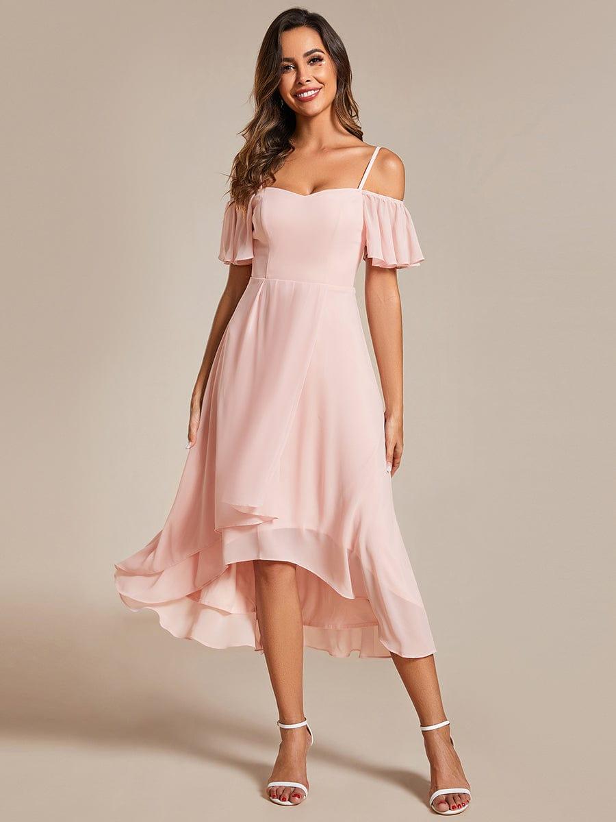 One-Shoulder High-Low Chiffon Bridesmaid Dresses with Short Sleeves #color_Pink