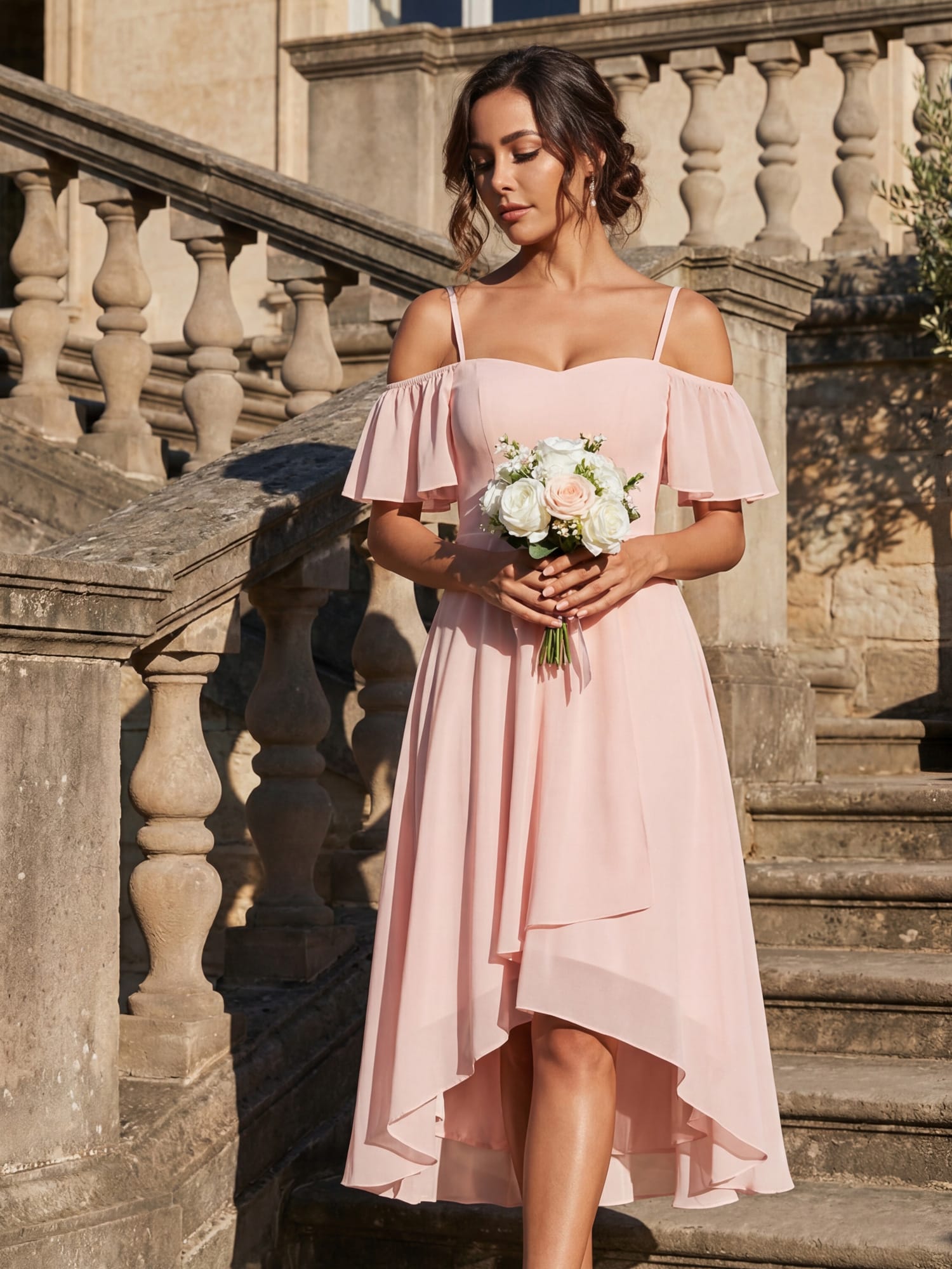 One-Shoulder High-Low Chiffon Wedding Guest Dresses with Short Sleeves #color_Pink