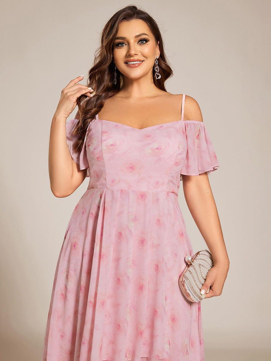 One-Shoulder High-Low Chiffon Bridesmaid Dresses with Short Sleeves #color_Light Purple Roses