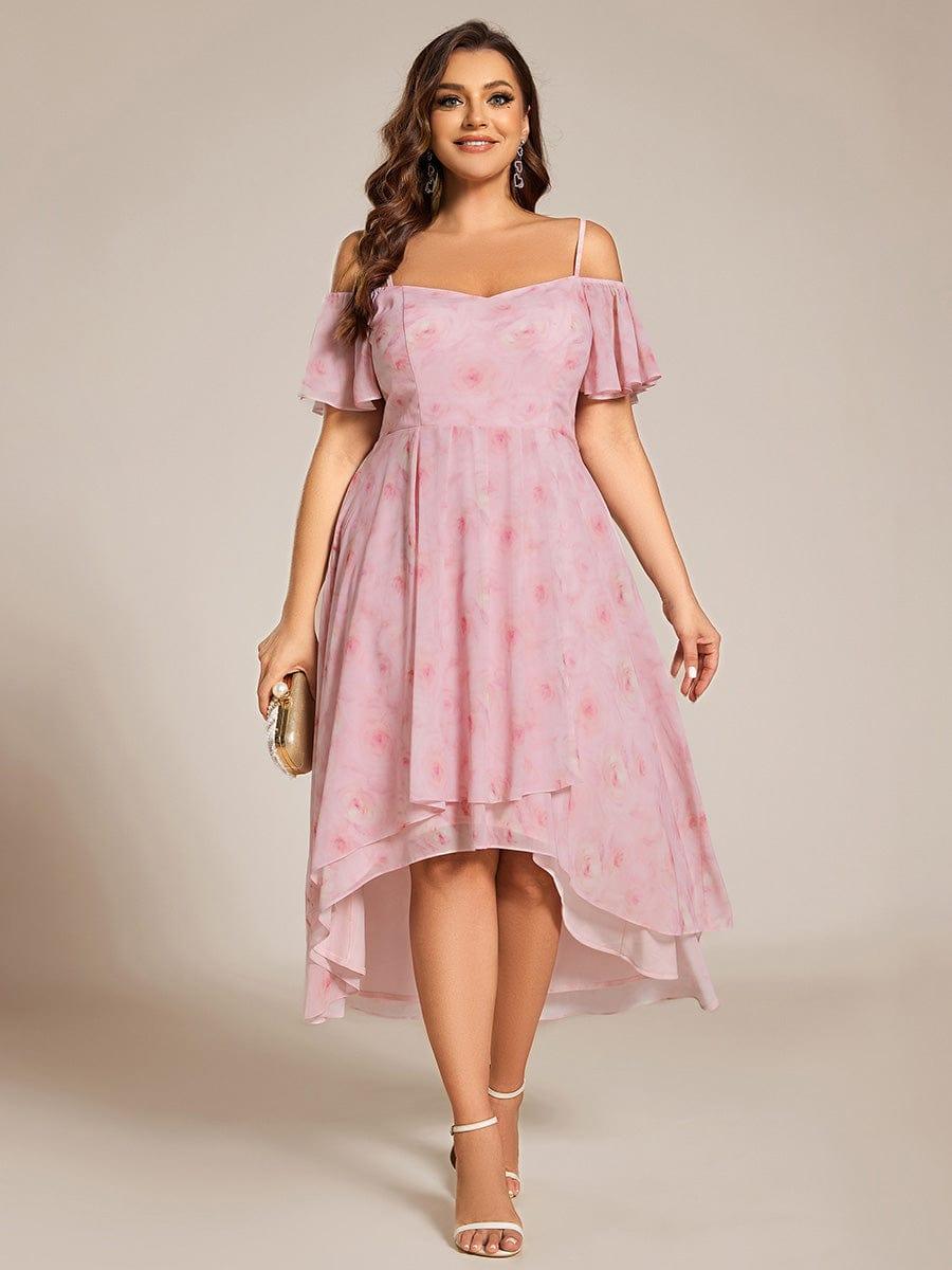 One-Shoulder High-Low Chiffon Bridesmaid Dresses with Short Sleeves #color_Light Purple Roses