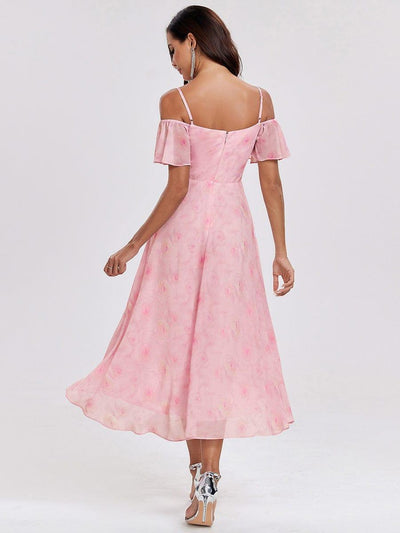 One-Shoulder High-Low Chiffon Bridesmaid Dresses with Short Sleeves #color_Light Purple Roses