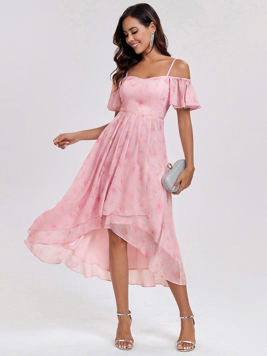 One-Shoulder High-Low Chiffon Bridesmaid Dresses with Short Sleeves #color_Light Purple Roses