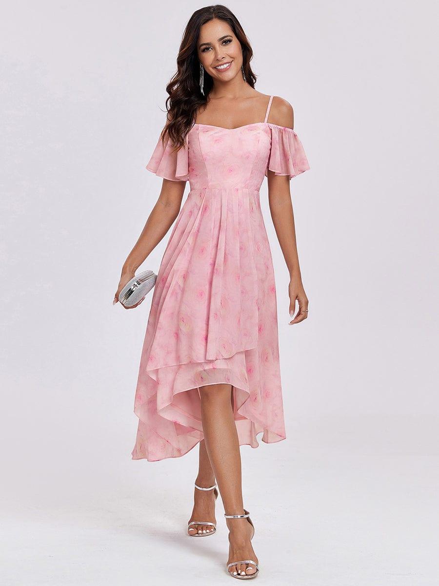 One-Shoulder High-Low Chiffon Bridesmaid Dresses with Short Sleeves #color_Light Purple Roses
