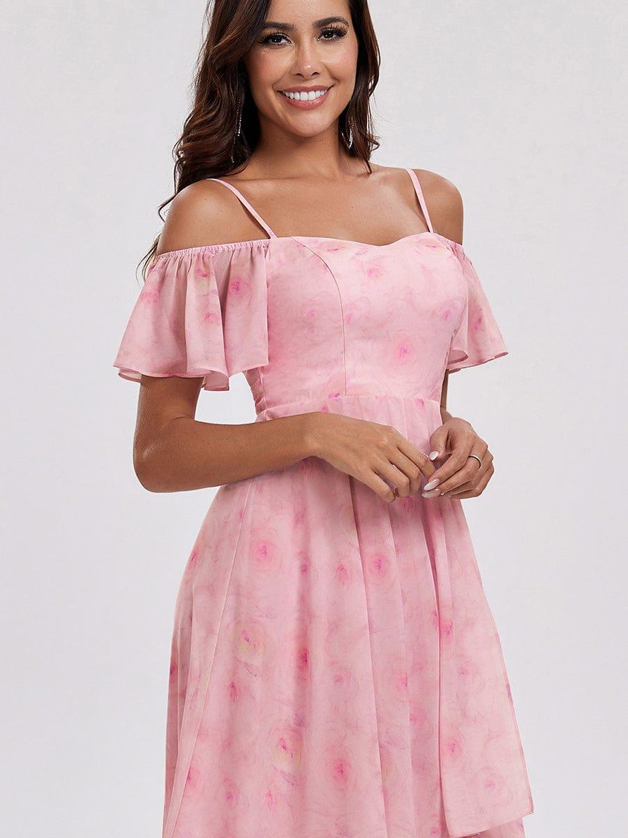 One-Shoulder High-Low Chiffon Bridesmaid Dresses with Short Sleeves #color_Light Purple Roses