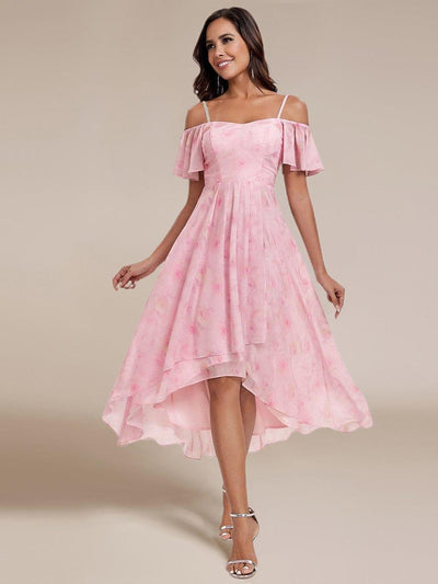 One-Shoulder High-Low Chiffon Bridesmaid Dresses with Short Sleeves #color_Light Purple Roses