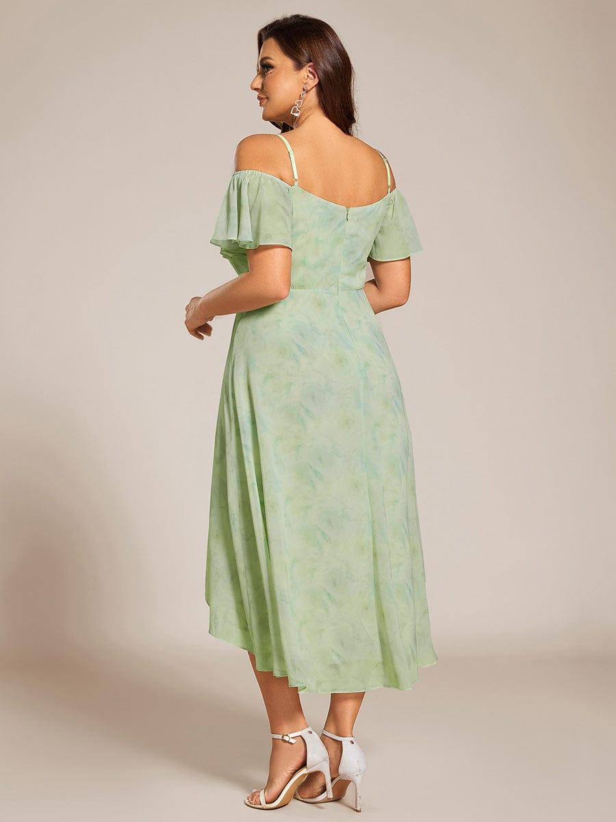One-Shoulder High-Low Chiffon Bridesmaid Dresses with Short Sleeves #color_Light Green Roses