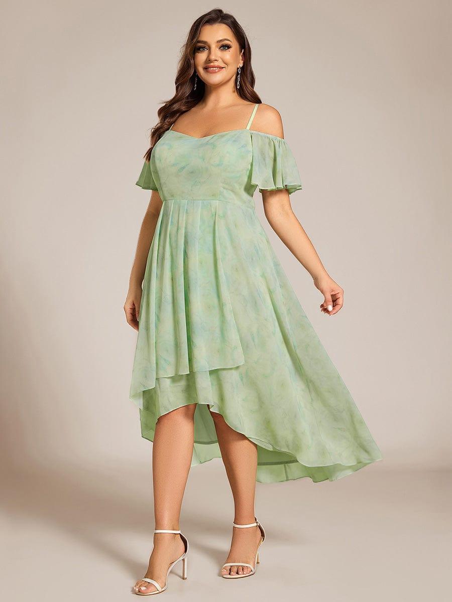 One-Shoulder High-Low Chiffon Bridesmaid Dresses with Short Sleeves #color_Light Green Roses