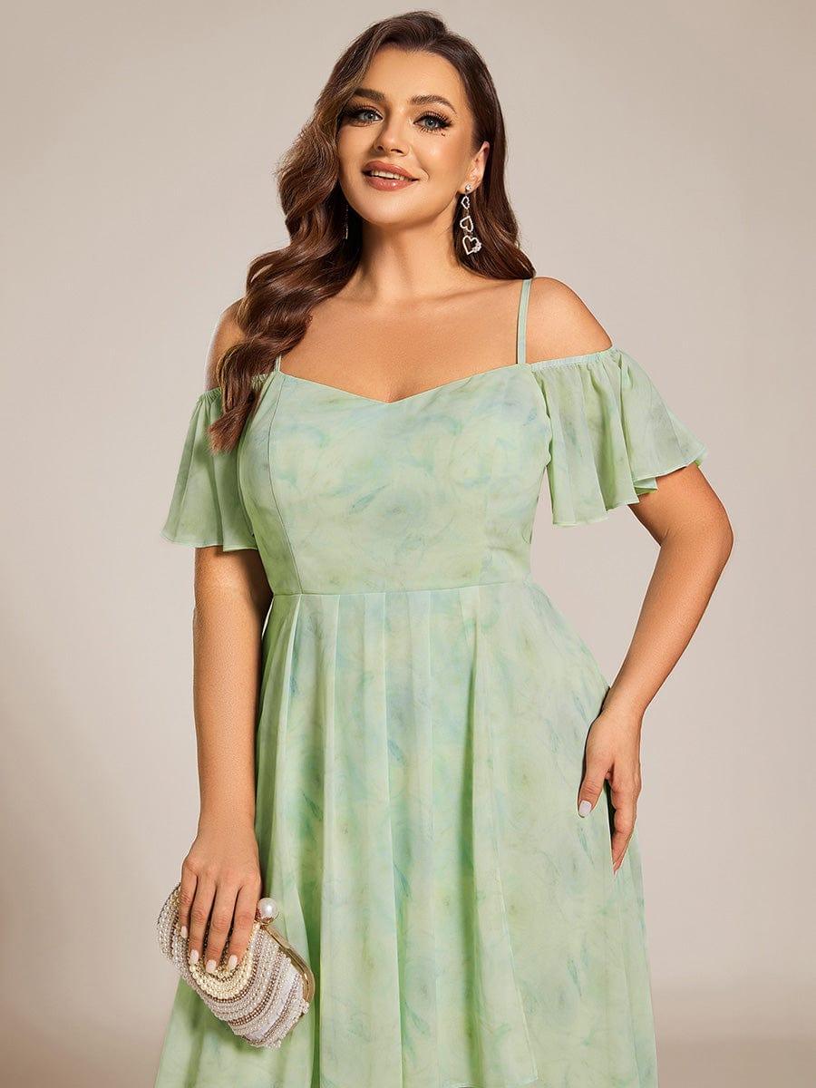 One-Shoulder High-Low Chiffon Bridesmaid Dresses with Short Sleeves #color_Light Green Roses