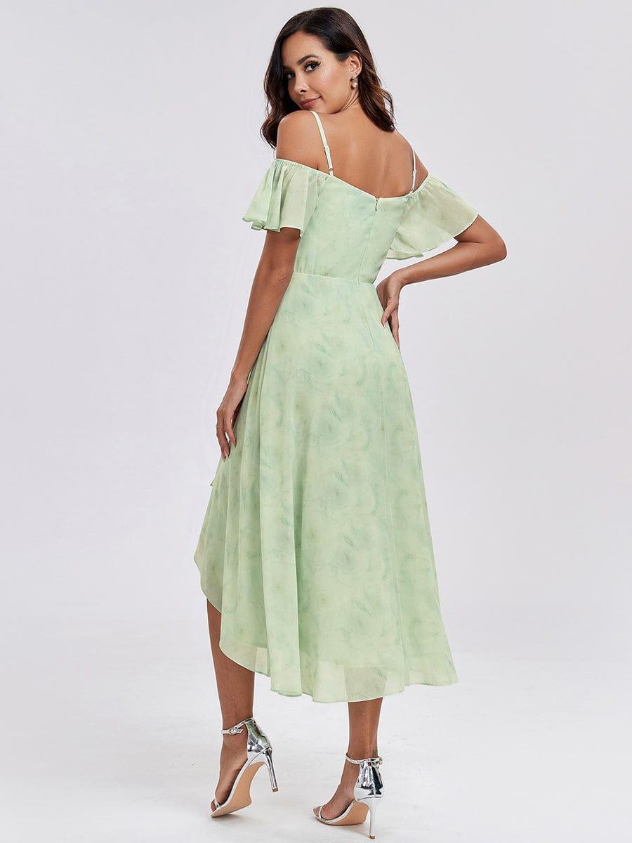 One-Shoulder High-Low Chiffon Bridesmaid Dresses with Short Sleeves #color_Light Green Roses