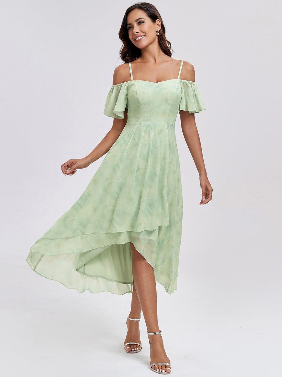 One-Shoulder High-Low Chiffon Bridesmaid Dresses with Short Sleeves #color_Light Green Roses