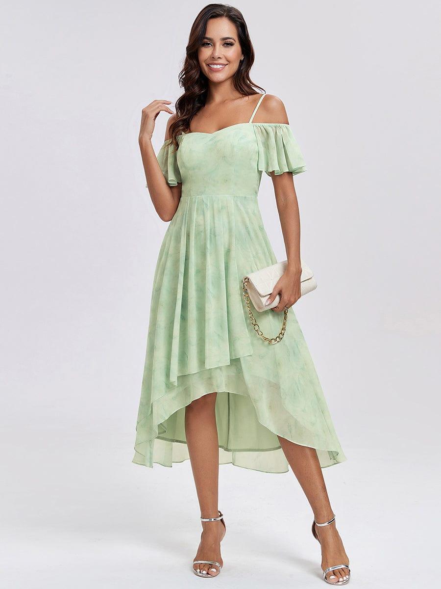 One-Shoulder High-Low Chiffon Bridesmaid Dresses with Short Sleeves #color_Light Green Roses