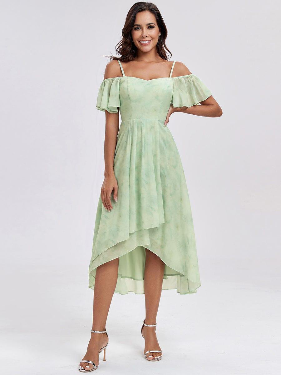 One-Shoulder High-Low Chiffon Bridesmaid Dresses with Short Sleeves #color_Light Green Roses