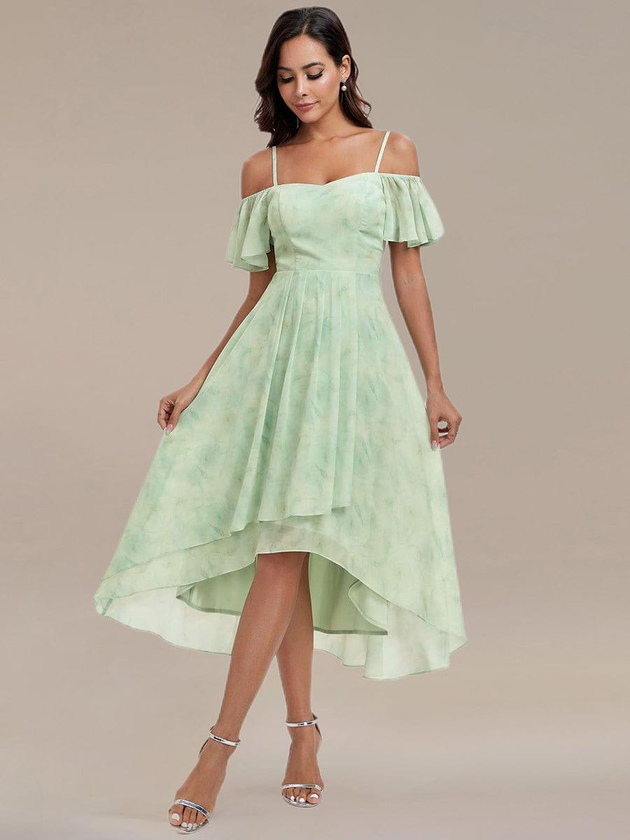 One-Shoulder High-Low Chiffon Bridesmaid Dresses with Short Sleeves #color_Light Green Roses