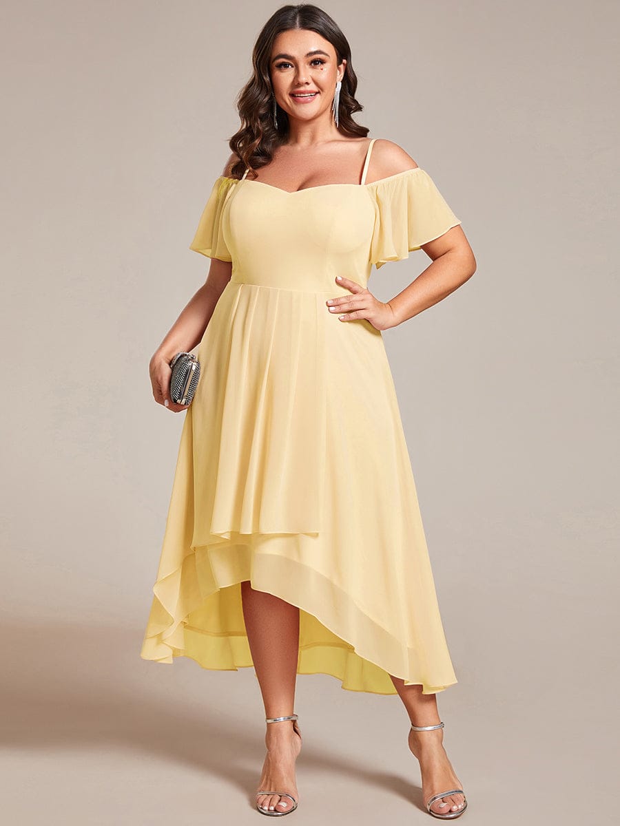 One-Shoulder High-Low Chiffon Wedding Guest Dresses with Short Sleeves #color_Yellow