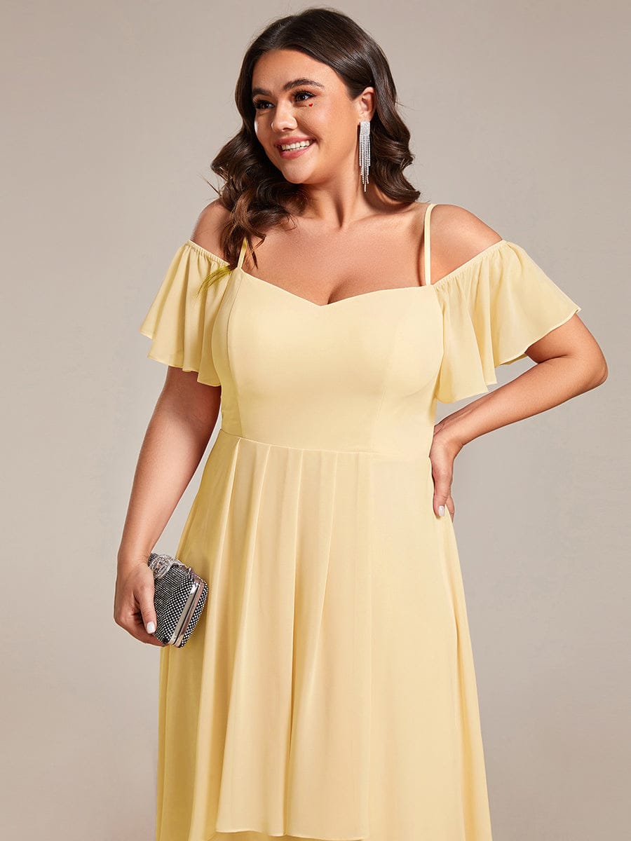 Plus Size One-Shoulder High-Low Chiffon Wedding Guest Dresses with Short Sleeves #color_Yellow