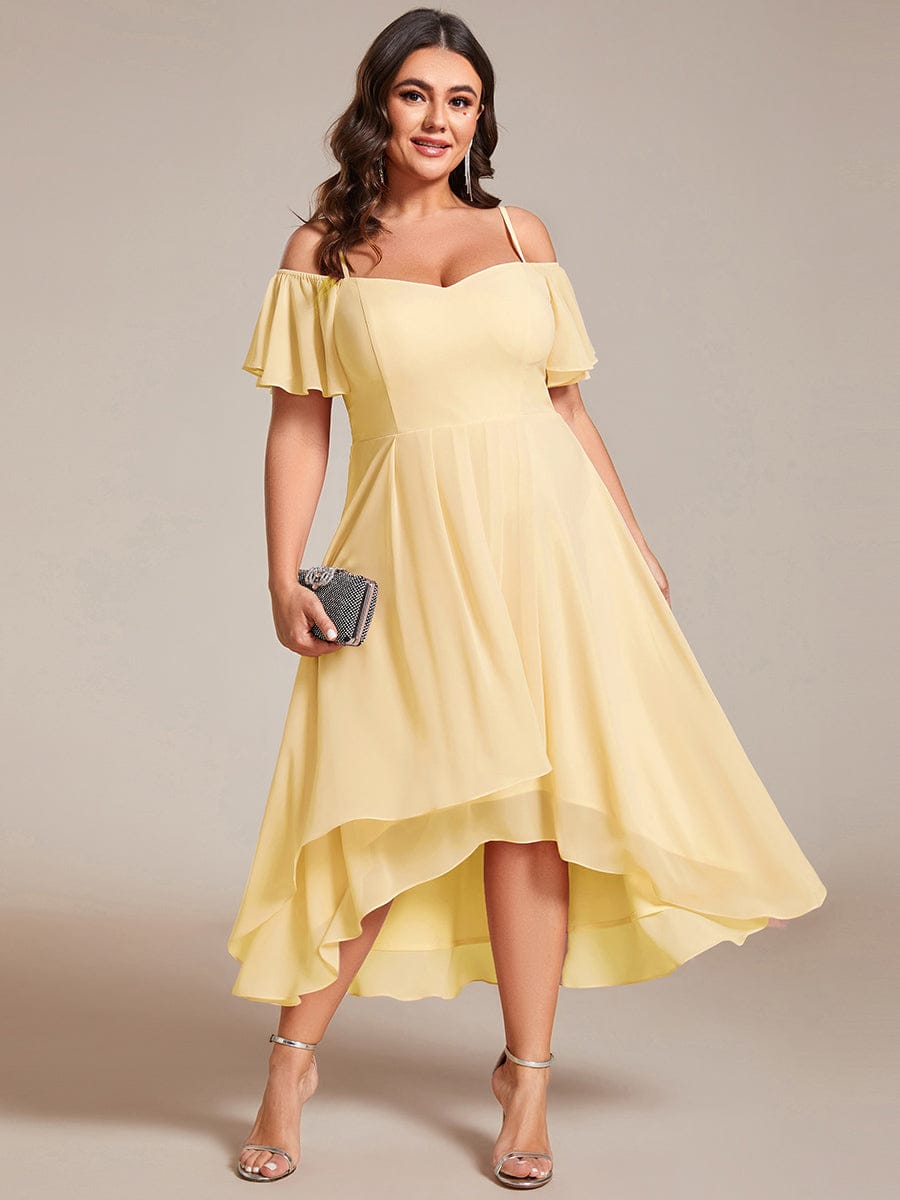 Plus Size One-Shoulder High-Low Chiffon Wedding Guest Dresses with Short Sleeves #color_Yellow