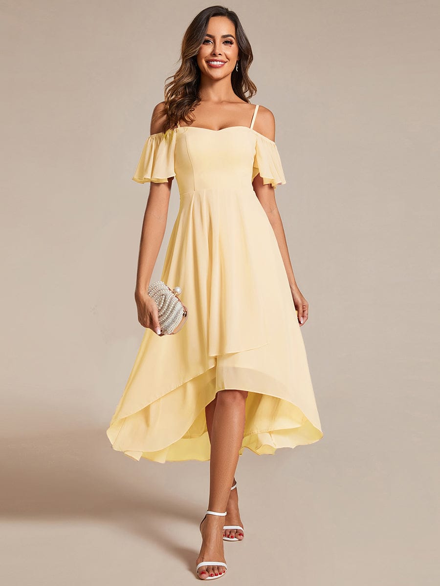 One-Shoulder High-Low Chiffon Wedding Guest Dresses with Short Sleeves #color_Yellow