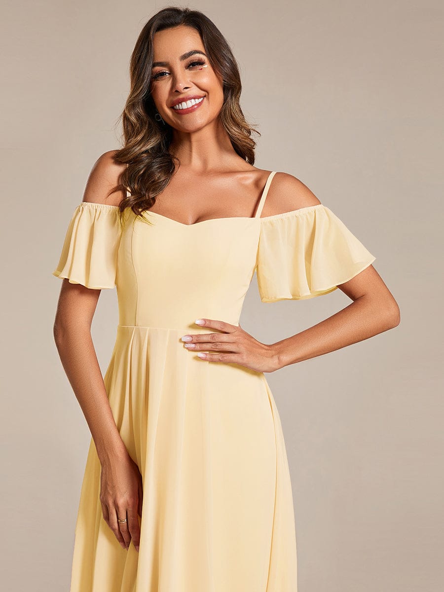 One-Shoulder High-Low Chiffon Wedding Guest Dresses with Short Sleeves #color_Yellow