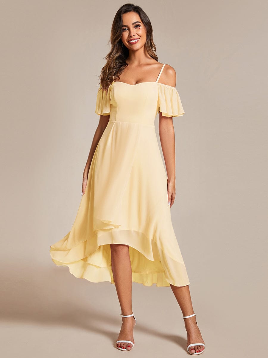 One-Shoulder High-Low Chiffon Wedding Guest Dresses with Short Sleeves #color_Yellow