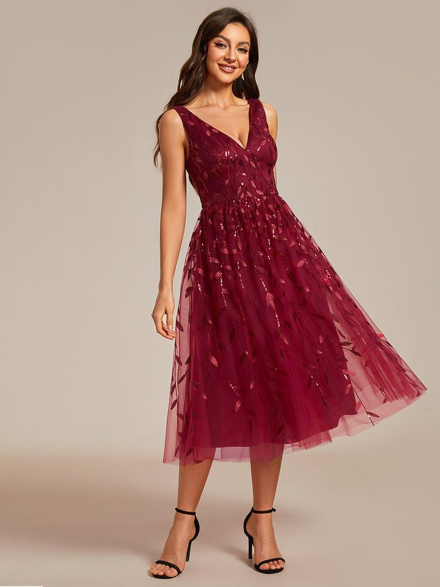 Sequined V-Neck A-Line Midi Wedding Guest Dress with Sleeveless #color_Burgundy