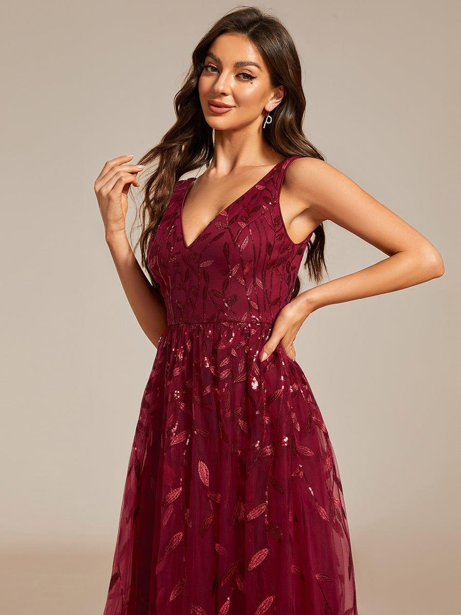 Sequined V-Neck A-Line Midi Wedding Guest Dress with Sleeveless #color_Burgundy