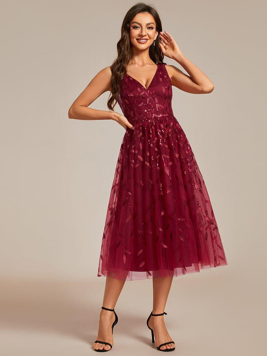Sequined V-Neck A-Line Midi Wedding Guest Dress with Sleeveless #color_Burgundy