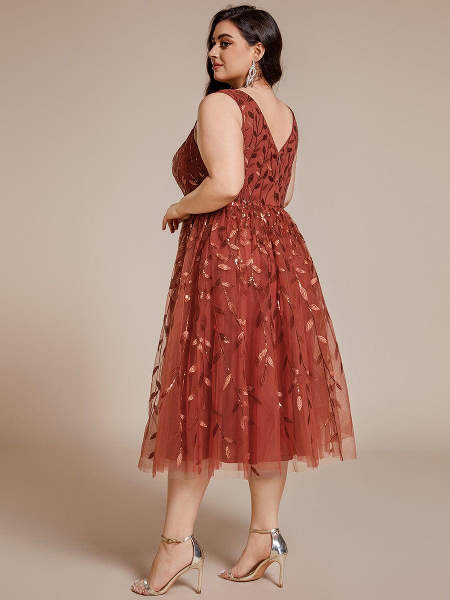 Sequined V-Neck A-Line Midi Wedding Guest Dress with Sleeveless #color_Burnt Orange