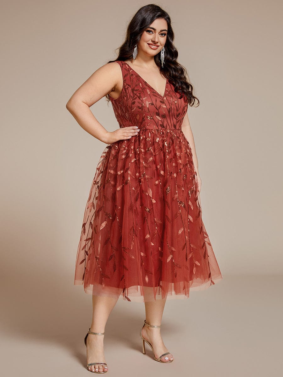 Sequined V-Neck A-Line Midi Wedding Guest Dress with Sleeveless #color_Burnt Orange