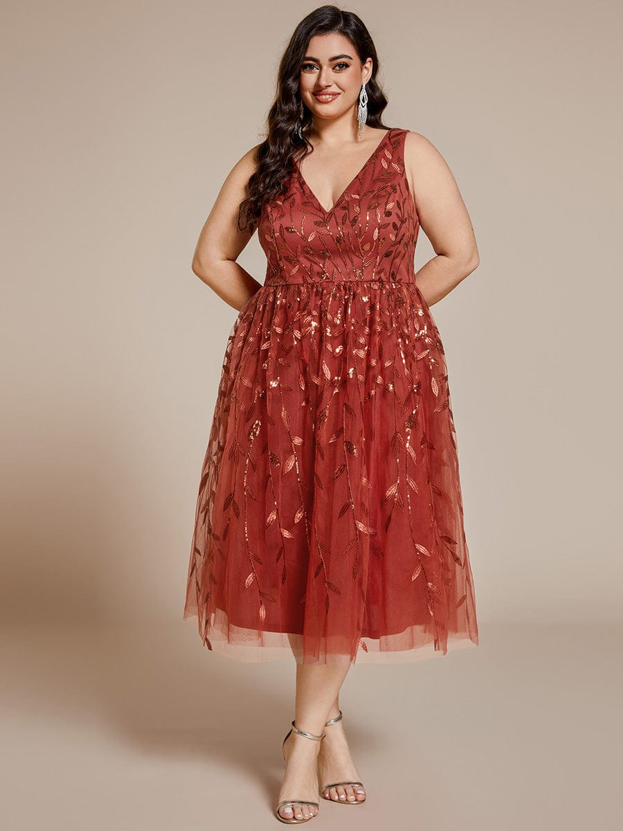 Sequined V-Neck A-Line Midi Wedding Guest Dress with Sleeveless #color_Burnt Orange