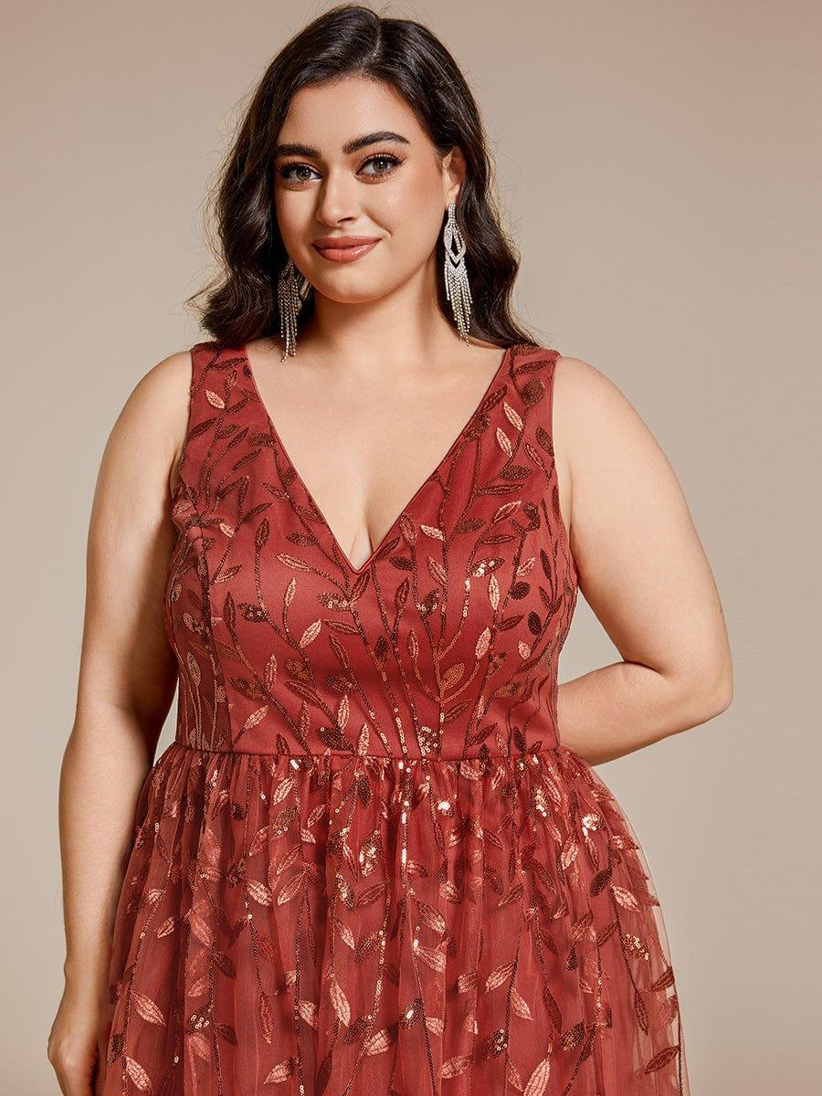 Sequined V-Neck A-Line Midi Wedding Guest Dress with Sleeveless #color_Burnt Orange