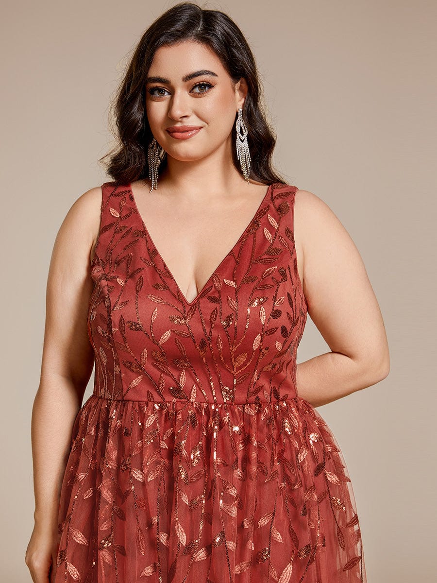 Sequined V-Neck A-Line Midi Wedding Guest Dress with Sleeveless #color_Burnt Orange