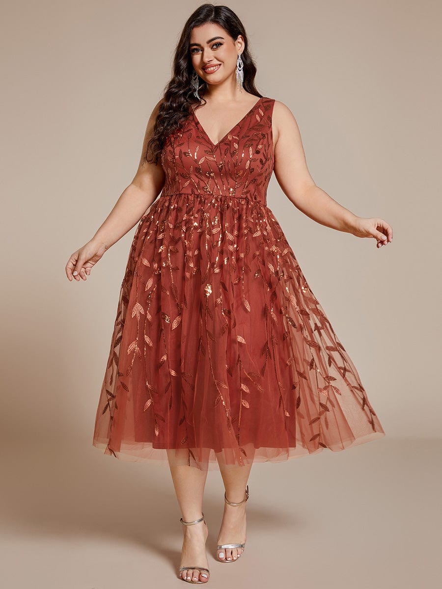 Sequined V-Neck A-Line Midi Wedding Guest Dress with Sleeveless #color_Burnt Orange