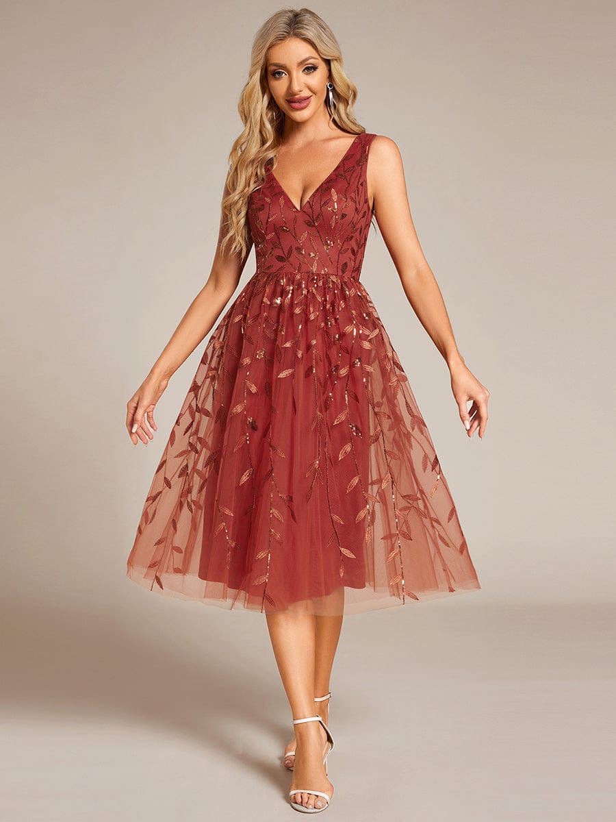 Sequined V-Neck A-Line Midi Wedding Guest Dress with Sleeveless #color_Burnt Orange