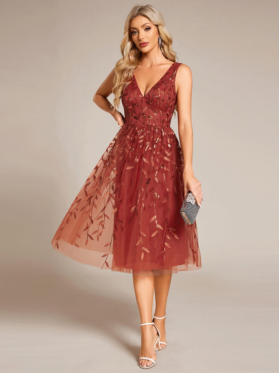 Sequined V-Neck A-Line Midi Wedding Guest Dress with Sleeveless #color_Burnt Orange
