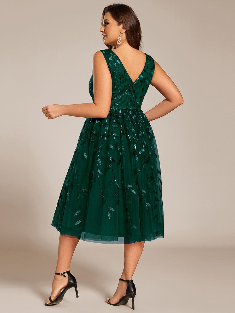 Sequined V-Neck A-Line Midi Wedding Guest Dress with Sleeveless #color_Dark Green