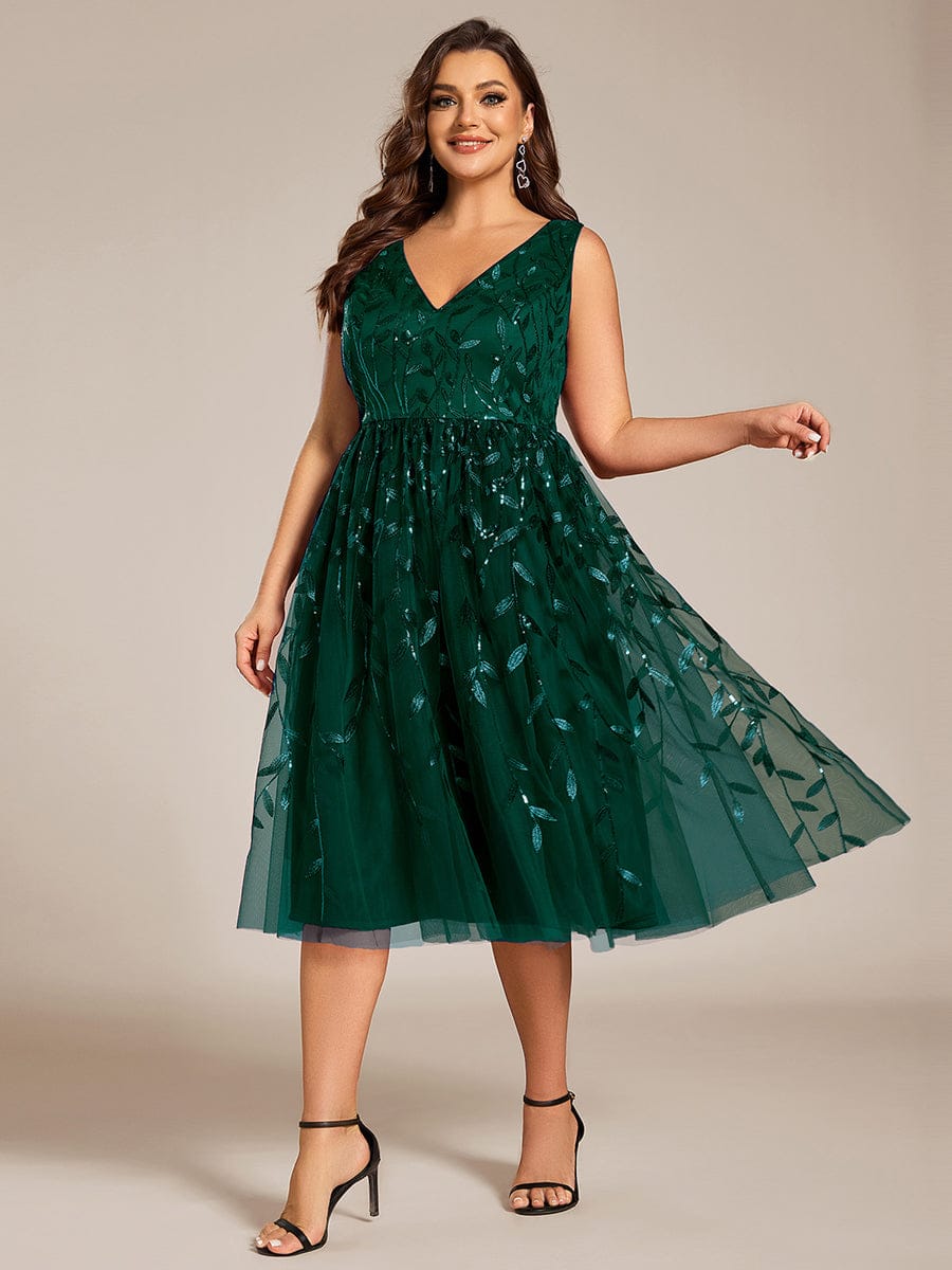 Sequined V-Neck A-Line Midi Wedding Guest Dress with Sleeveless #color_Dark Green