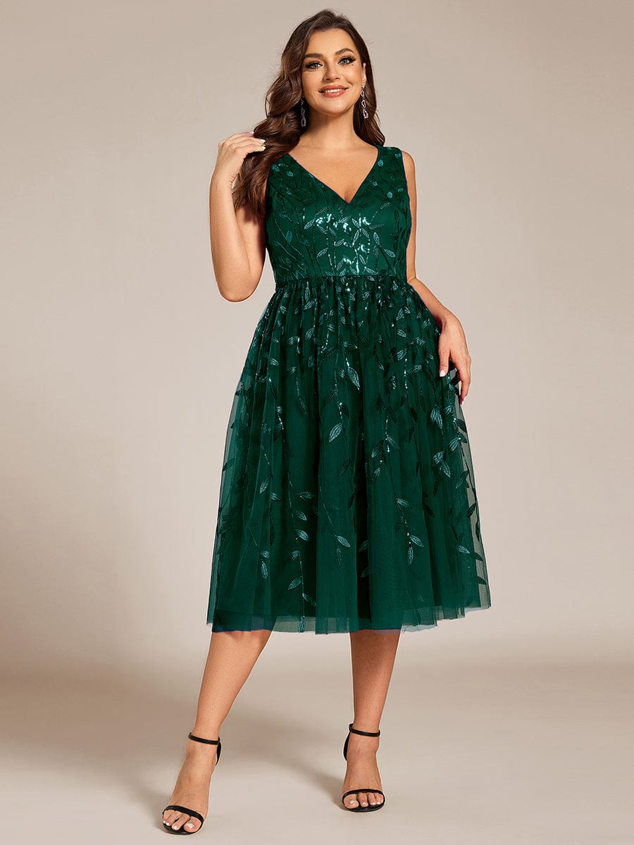 Sequined V-Neck A-Line Midi Wedding Guest Dress with Sleeveless #color_Dark Green