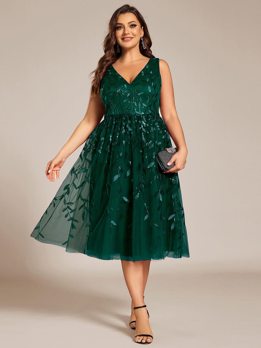 Sequined V-Neck A-Line Midi Wedding Guest Dress with Sleeveless #color_Dark Green