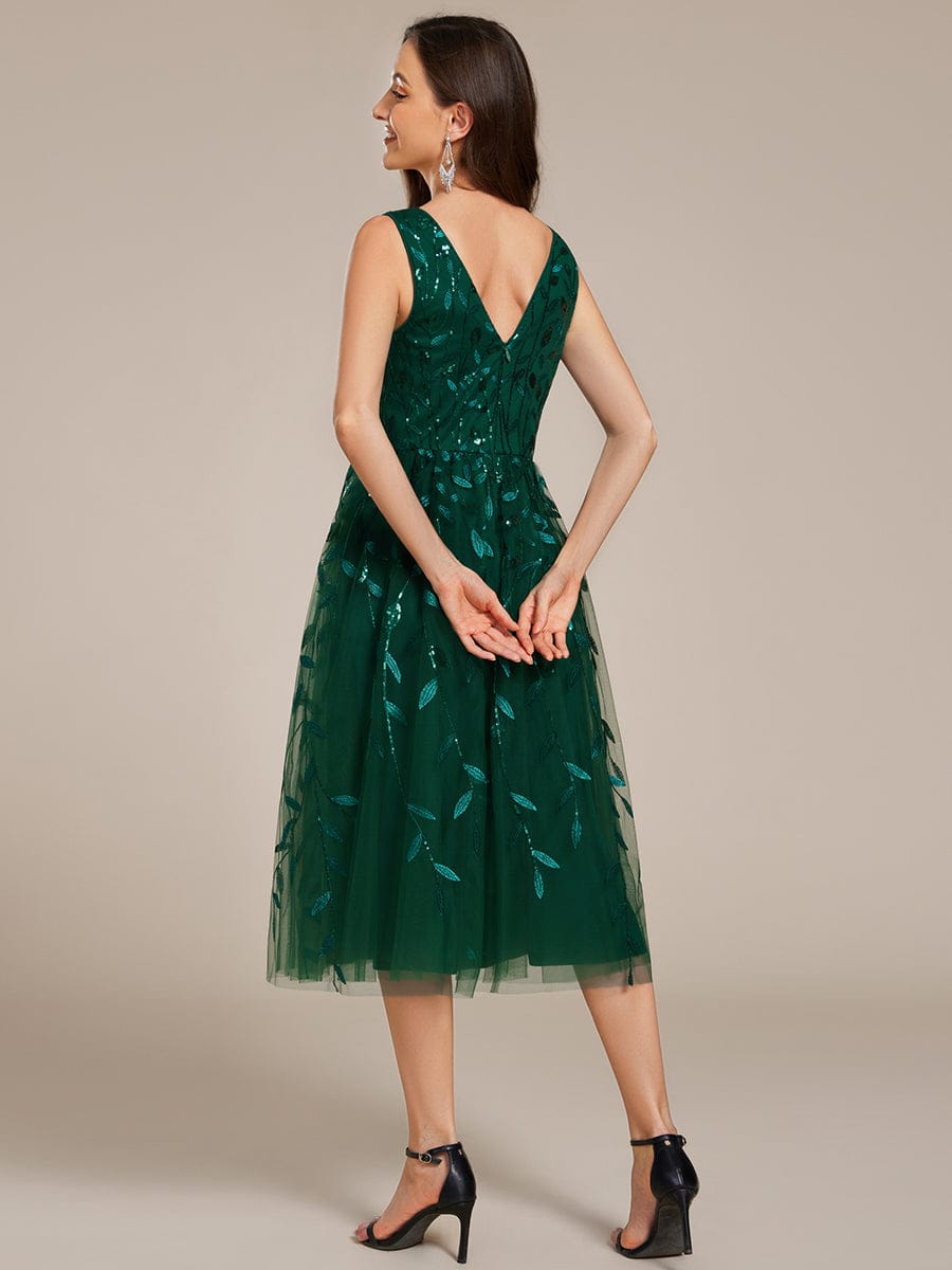 Sequined V-Neck A-Line Midi Wedding Guest Dress with Sleeveless #color_Dark Green