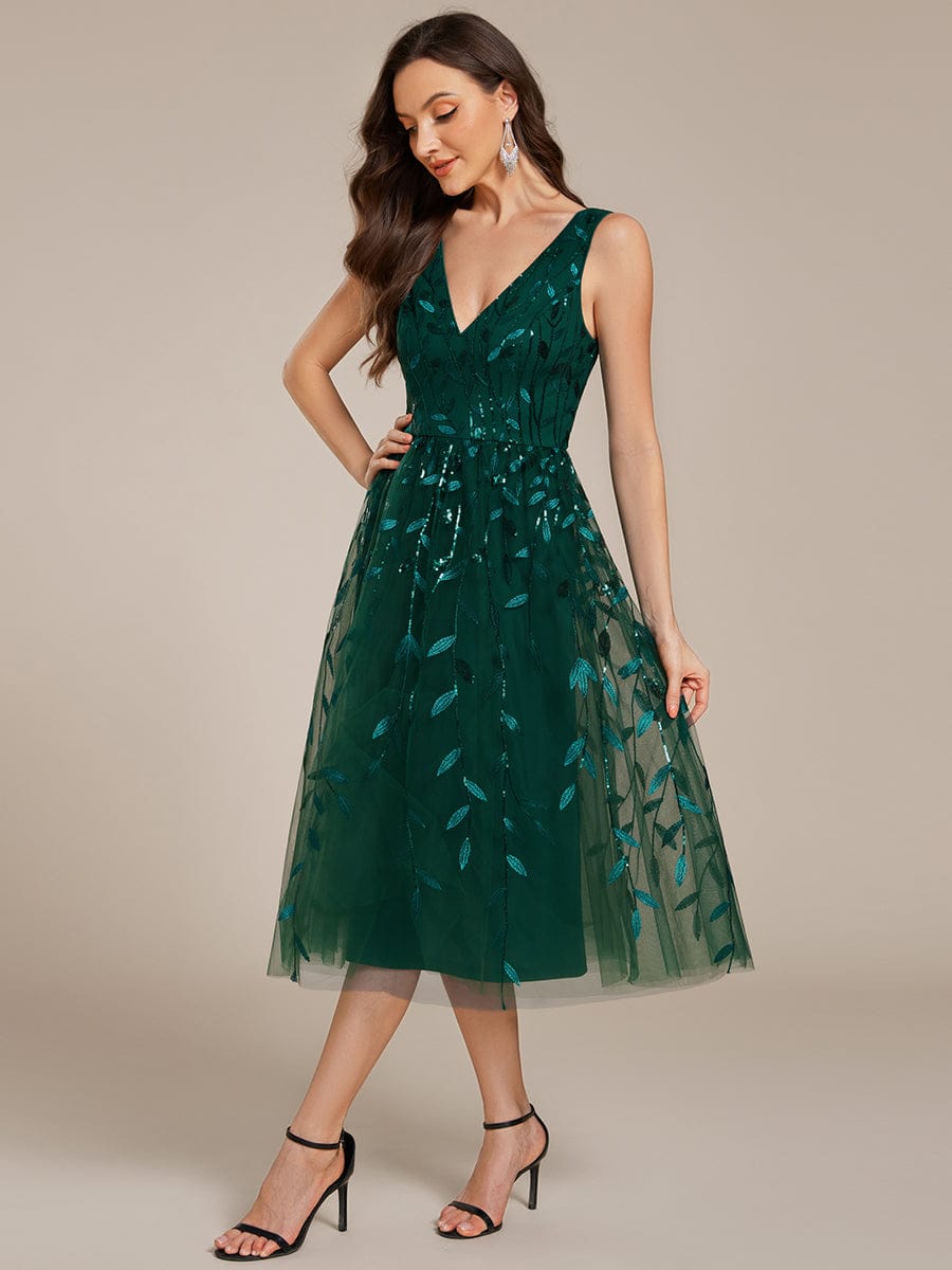 Sequined V-Neck A-Line Midi Wedding Guest Dress with Sleeveless #color_Dark Green