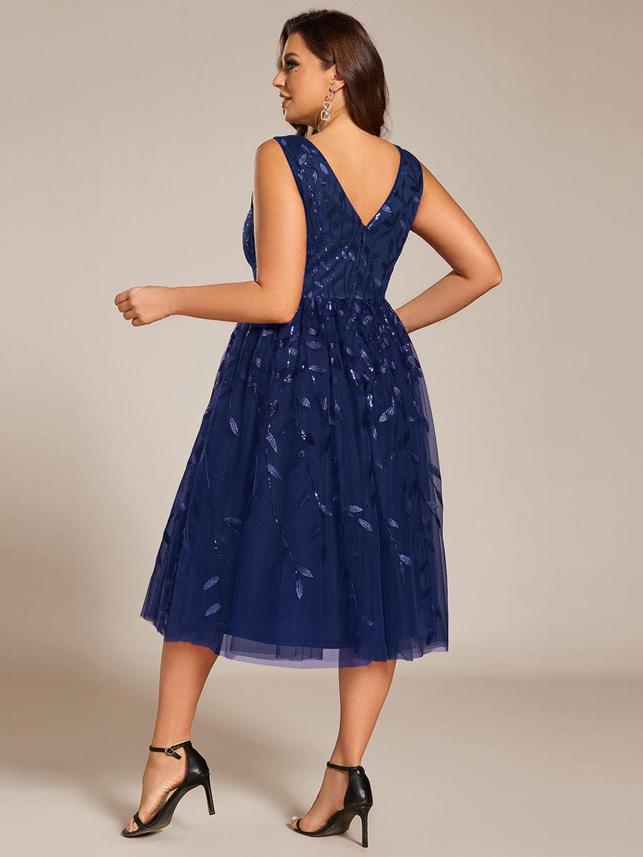 Sequined V-Neck A-Line Midi Wedding Guest Dress with Sleeveless #color_Navy Blue